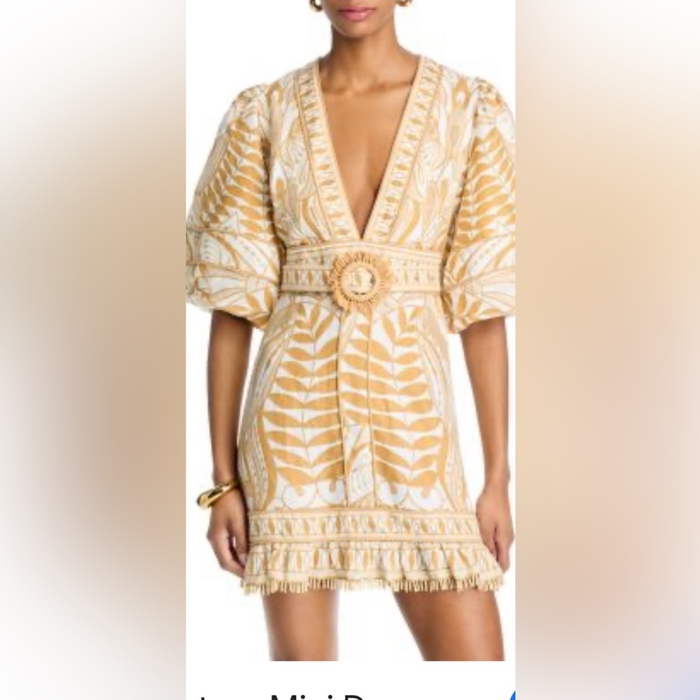 NWT Farm Rio linen blend Lace Nature mini belted dress .